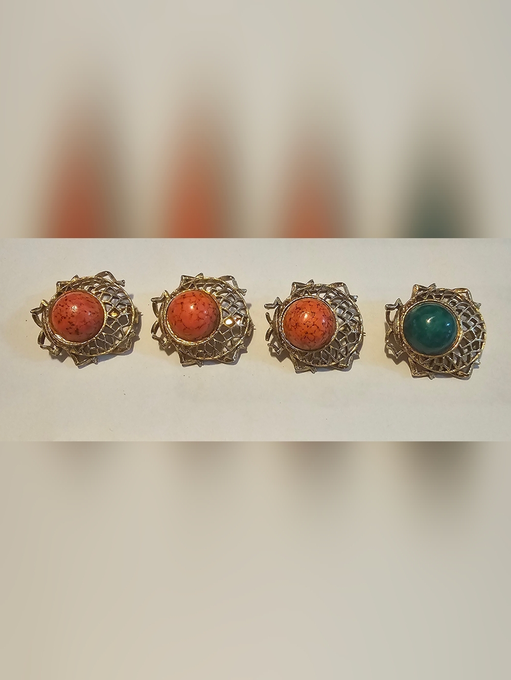 Vintage J.J. Jelly Belly Bug Brooch Set Art Glass Filigree Gold Tone